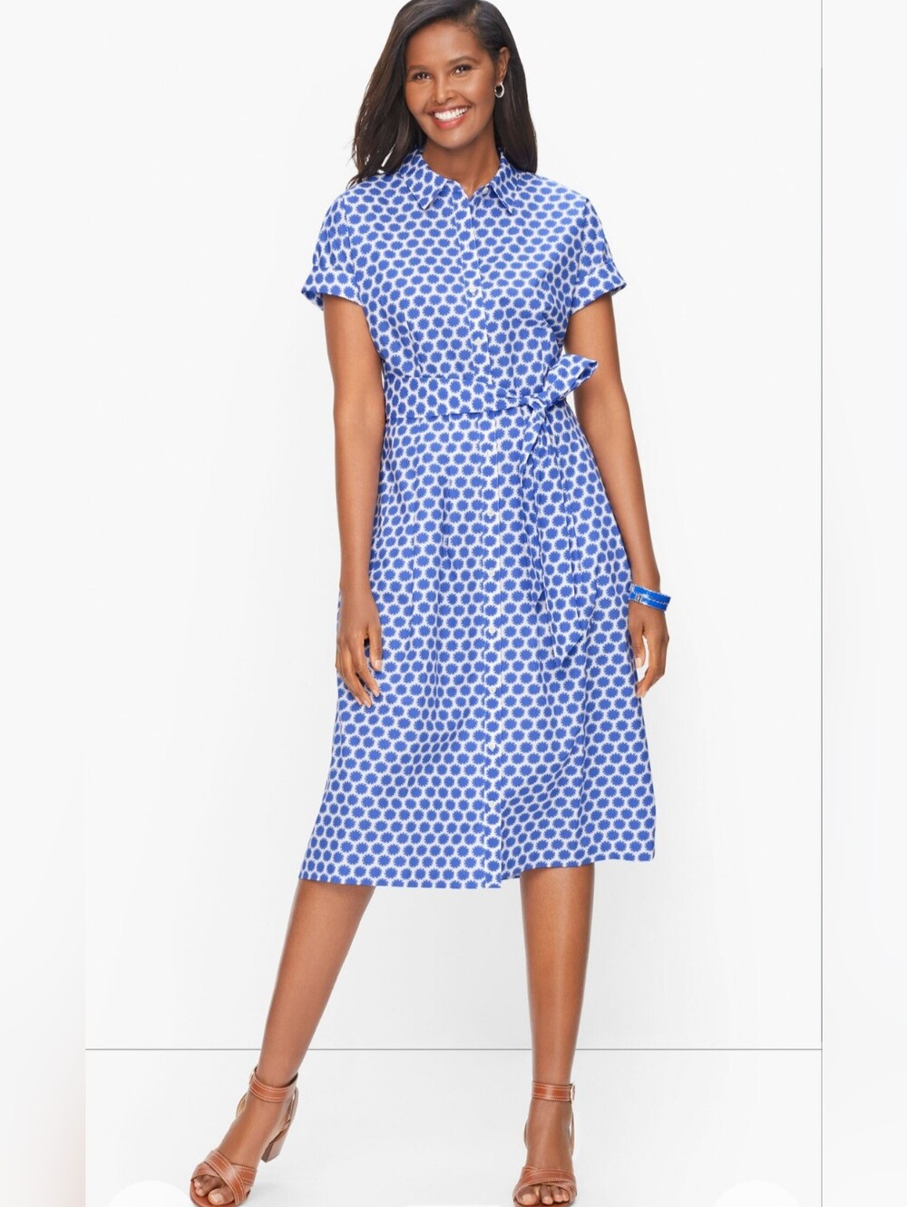 Talbots Cotton Blue & White Floral Dot Belted A-line Shirtdress - Size 14 Preppy - Picture 2 of 10